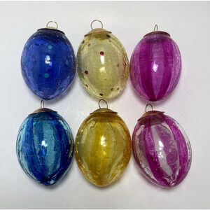 6 Vintage Heavy Cracked Glass Easter Egg Ornaments 3” Spring Pink Blue Yellow